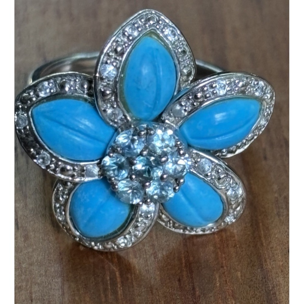 EUC Sterling Silver 925 Turquoise and Blue Topaz Flower Cocktail Ring, Size 9